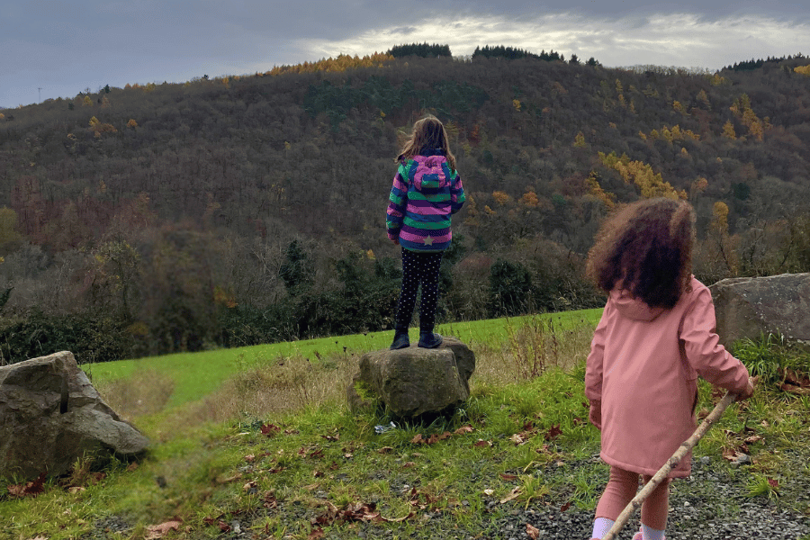 Ein Mädchen steht im Wald mit dem Rücken zur Kamera auf einen Stein