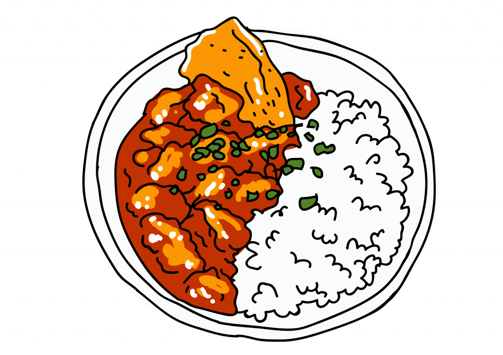 Ein gezeichneter Teller mit Reis und Hühnercurry